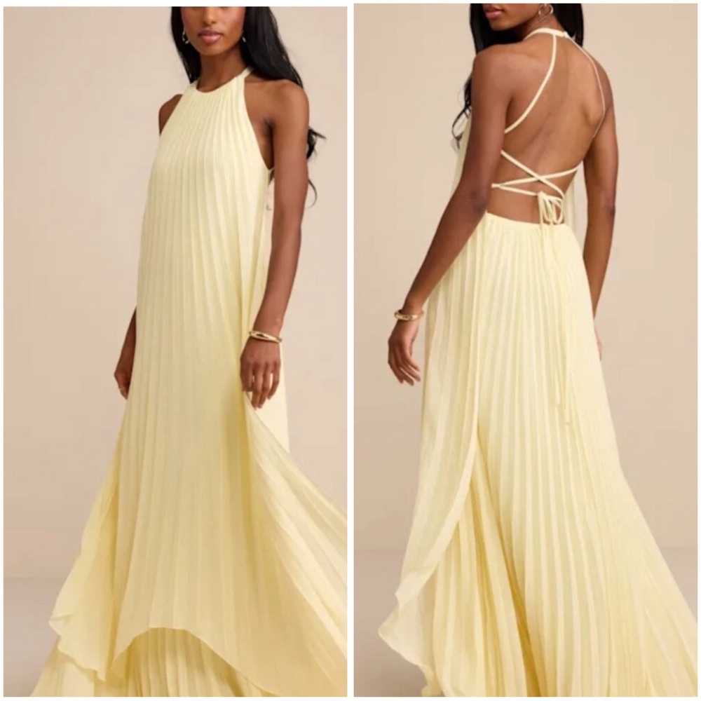 Lulu's Doeala Pale Yellow Pleated Maxi size S NEW #3G